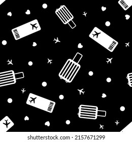 Black and white traveling repeating background seamless pattern with luggage airplanes and tickets vector in flat style. Repeated texture. Tiled. Wrapping gift paper. Backdrop. Airport concept.Tourism