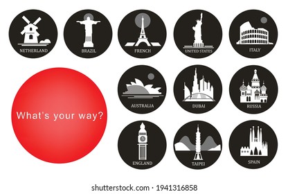 Black and white travelling place icons around the world, the must that you should go.