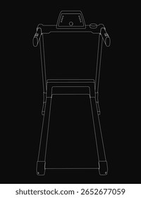 Um desenho de esteira preto e branco se destaca com contornos brancos nítidos contra um fundo escuro. O design minimalista destaca a forma e os detalhes do equipamento de exercício.