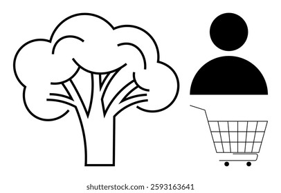 A black and white tree beside a user symbol and a shopping cart. Ideal for e-commerce, eco-friendly shopping, user profiles, sustainability, and digital marketplaces. Simple modern design