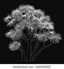 Desenho de árvore preto-e-branco com contorno branco-escuro se posiciona ousadamente contra um fundo escuro. O design minimalista cria um contraste impressionante, enfatizando linhas limpas e simplicidade.