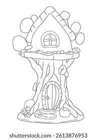 Black and white tree house coloring page design. Fun and creative line art for kids, perfect for coloring books, worksheets, and printable art activities.