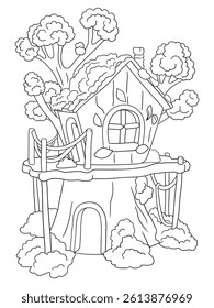 Black and white tree house coloring page design. Fun and creative line art for kids, perfect for coloring books, worksheets, and printable art activities.