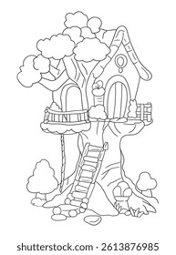 Black and white tree house coloring page design. Fun and creative line art for kids, perfect for coloring books, worksheets, and printable art activities.
