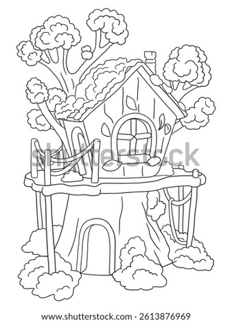 Black and white tree house coloring page design. Fun and creative line art for kids, perfect for coloring books, worksheets, and printable art activities.