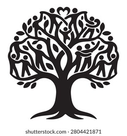 Black and white tree illustration with people silhouettes holding hands throughout branches
