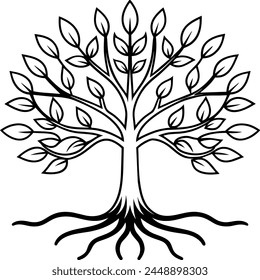 A black and white tree with leaves and roots vector illustration