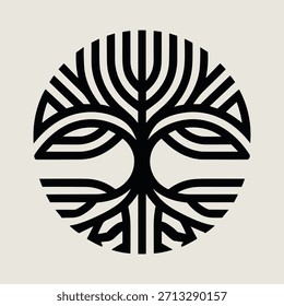 Logo de árbol blanco y negro con líneas abstractas sobre fondo beige