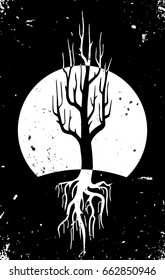 black and white tree at night, stylized illustration editable vector