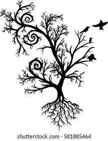 black and white tree with ornaments and birds, vector
