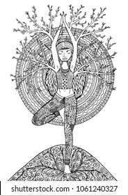 Black and white tree pose yoga mindfulness adult coloring page design