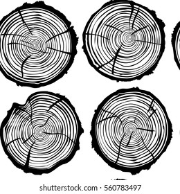 Black and white tree rings as seamless pattern. Vector background