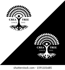 Black White Tree and roots logo design vector isolated, Vector illustration silhouette of a tree with round shape.