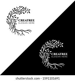 Black White Tree and roots logo design vector isolated, Vector illustration silhouette of a tree with round shape.