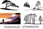 Black and white tree silhouettes with landscape scenes nature forest