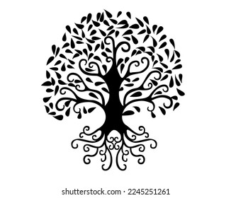 Black and white Tree with spiral roots and branches and leaves isolated on white background - vector illustration