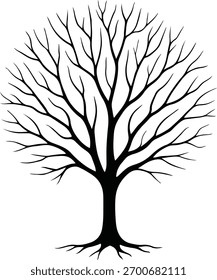 Ein schwarz-weißer Baum mit sich ausbreitenden Ästen und sichtbaren Wurzeln, der die Einfachheit, das Wachstum und die Tiefe des Lebens der Natur symbolisiert.