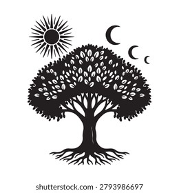 Black and white tree with sun and crescent moons