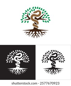 Black and White Tree Symbol with Serpent, Roots, and Branches, Representing Global Environmental Sustainability, Set Against a Clean White Background with a Touch of Color