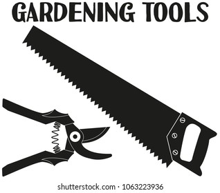 Black and white tree trimming silhouette set. Secateur and saw. Garden tool vector illustration gift card certificate sticker, badge, label, icon, poster, patch, banner invitation