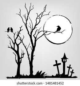 Black and white trees for Halloween background with a full moon rising over a desolate pumpkin patch