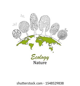
Black and white trees on a globe. Logo drawn trees, globe and birds in doodle style. The concept of ecology, to save the planet. Eco friendly. Environmentally friendly world. Vector illustration. 
