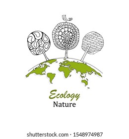 Black and white trees on a globe. Logo drawn trees, globe and birds in doodle style. The concept of ecology, to save the planet. Eco friendly. Environmentally friendly world. Vector illustration. 