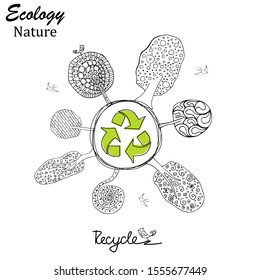 Black and white trees on a globe. Logo drawn trees, globe and birds in doodle style. The concept of ecology, to save the planet. Eco friendly. Environmentally friendly. Vector illustration. Recycling