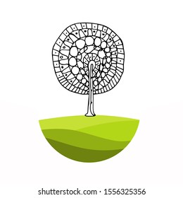 Black and white trees on a globe. Logo drawn trees, globe and birds in doodle style. The concept of ecology, to save the planet. Eco friendly. Environmentally friendly world. Vector illustration. 