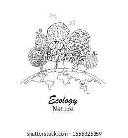 Black and white trees on a globe. Logo drawn trees, globe and birds in doodle style. The concept of ecology, to save the planet. Eco friendly. Environmentally friendly world. Vector illustration. 