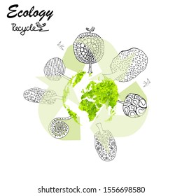 Black and white trees on a globe. Logo drawn trees, globe and birds in doodle style. The concept of ecology, to save the planet. Recycling. Environmentally friendly world. Vector illustration. Eco. 