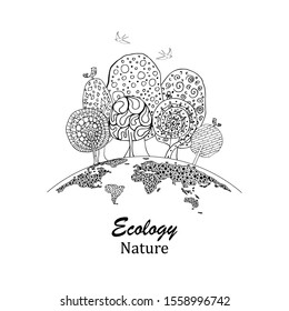 Black and white trees on a globe. Logo drawn trees, globe and birds in doodle style. The concept of ecology, to save the planet. Eco friendly. Environmentally friendly world. Vector illustration. 