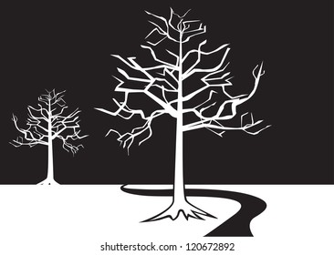black and white trees on a negative background