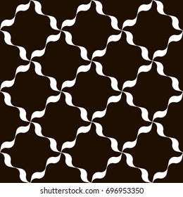 Black and white trellis background. Monochrome lattice pattern with wavy ribbons. Modern print for interior or fashion surface design. Vector seamless repeat.