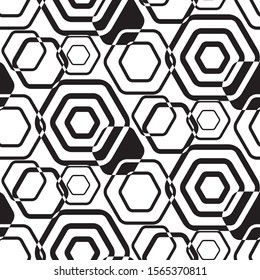 Black and white trellis. Geometric hexagonal seamless pattern. Simple monochrome graphic design. Repeating modern stylish texture. Endless background. Repeated polygons. Fashion grid. textile prints