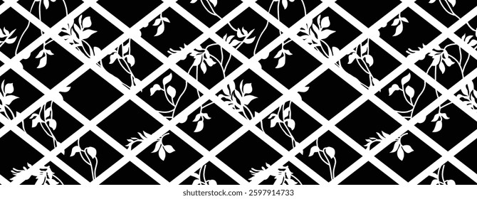 black and white trellis pattern with climbing vines, for textile, wallpaper, gift wrapping.