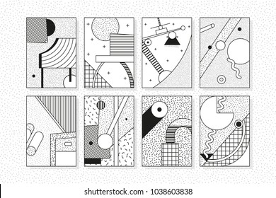 Black and white Trend Neo Memphis geometric pattern set juxtaposed with bright bold blocks of color zig zags, squiggles, erratic images. Design background elements composition. Magazine, leaflet, bill