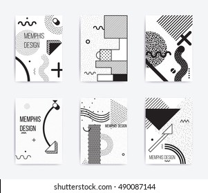 black and white trend Neo Memphis geometric poster set juxtaposed with bold blocks of zig zags, squiggles, erratic images. Design background elements composition. Magazine, leaflet, billboard