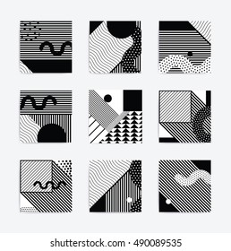 Black and white trend Neo Memphis geometric poster set juxtaposed with bold blocks of zig zags, squiggles, erratic images. Design background elements composition. Magazine, leaflet, billboard