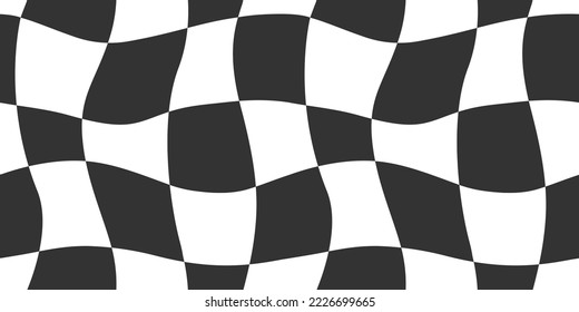 Black and white trendy checker board square seamless pattern illustration. Distorted geometric square background in vintage psychedelic y2k style. 