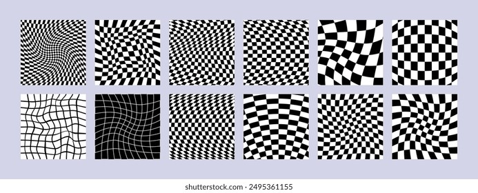 Black and white trendy checkerboard square seamless pattern set. Distorted geometric square background in vintage psychedelic Y2K style. Groovy checkered retro print collection. Vector illustration