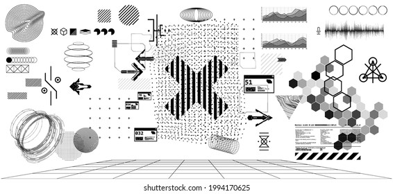 Black and white trendy futuristic elements collection with geometric shapes and forms. Cyberpunk graphic set. Minimalist elements for modern design. Merch, t shirt, posters. Abstract vector graphic