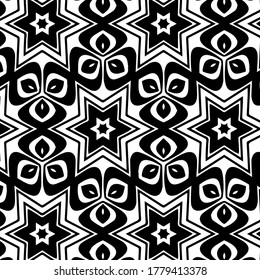 Plantilla de fondo geométrico de moda blanca negra con estrellas, contornos y formas abstractas en estilo oriental. Gráfico vectorial.