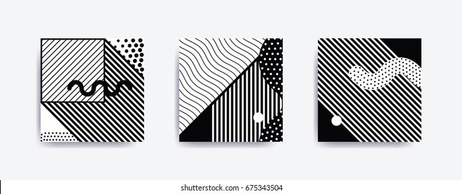 Black and white trendy geometric poster set juxtaposed with bright bold blocks of color zig zags, squiggles, erratic images. Design background elements composition. Magazine, leaflet, billboard