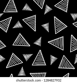 Black and white triangle geometric pattern, memphis style inspired. Monochromatic line art, black background. Vector seamless pattern tile. 