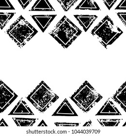 Black and white triangles and squares aged geometric ethnic grunge seamless border, vector
