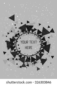 Black and white triangles, stars and circle pattern background. Triangle sunburst with round triangle frame design. Modern design template, vector illustration. 