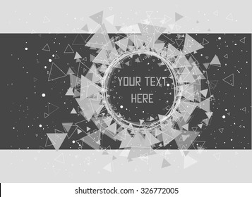 Black and white triangles, stars and circle pattern background. Triangle sunburst with round triangle frame design. Modern design template, vector illustration.