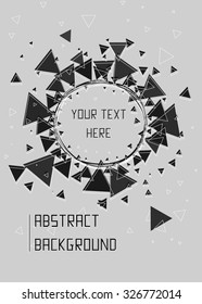 Black and white triangles, stars and circle pattern background. Triangle sunburst with round triangle frame design. Modern design template, vector illustration.