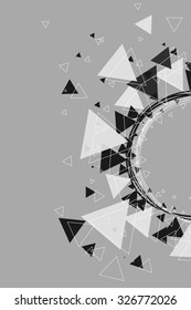 Black and white triangles, stars and circle pattern background. Triangle sunburst with round triangle frame design. Modern design template, vector illustration.